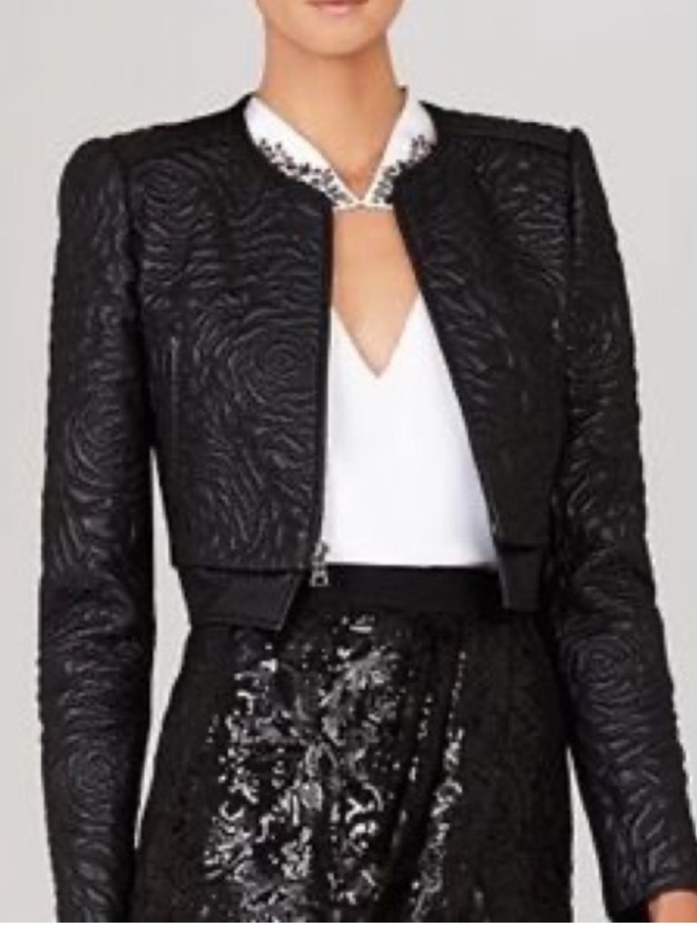 BCBG MaxAzria DUKE Cropped Faux Leather Jacket Embossed Rose Pattern MEDIUM - Picture 2 of 16